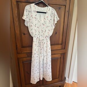 Sienna Sky Size XS Floral Off White Dress gathered waist/tie fully lined. NWT